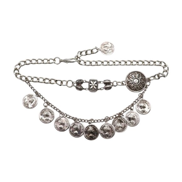 Women Silver Metal Boot Chain Bracelet Shoe Anklet Coin Wave Flower Charm SET - Picture 6 of 17